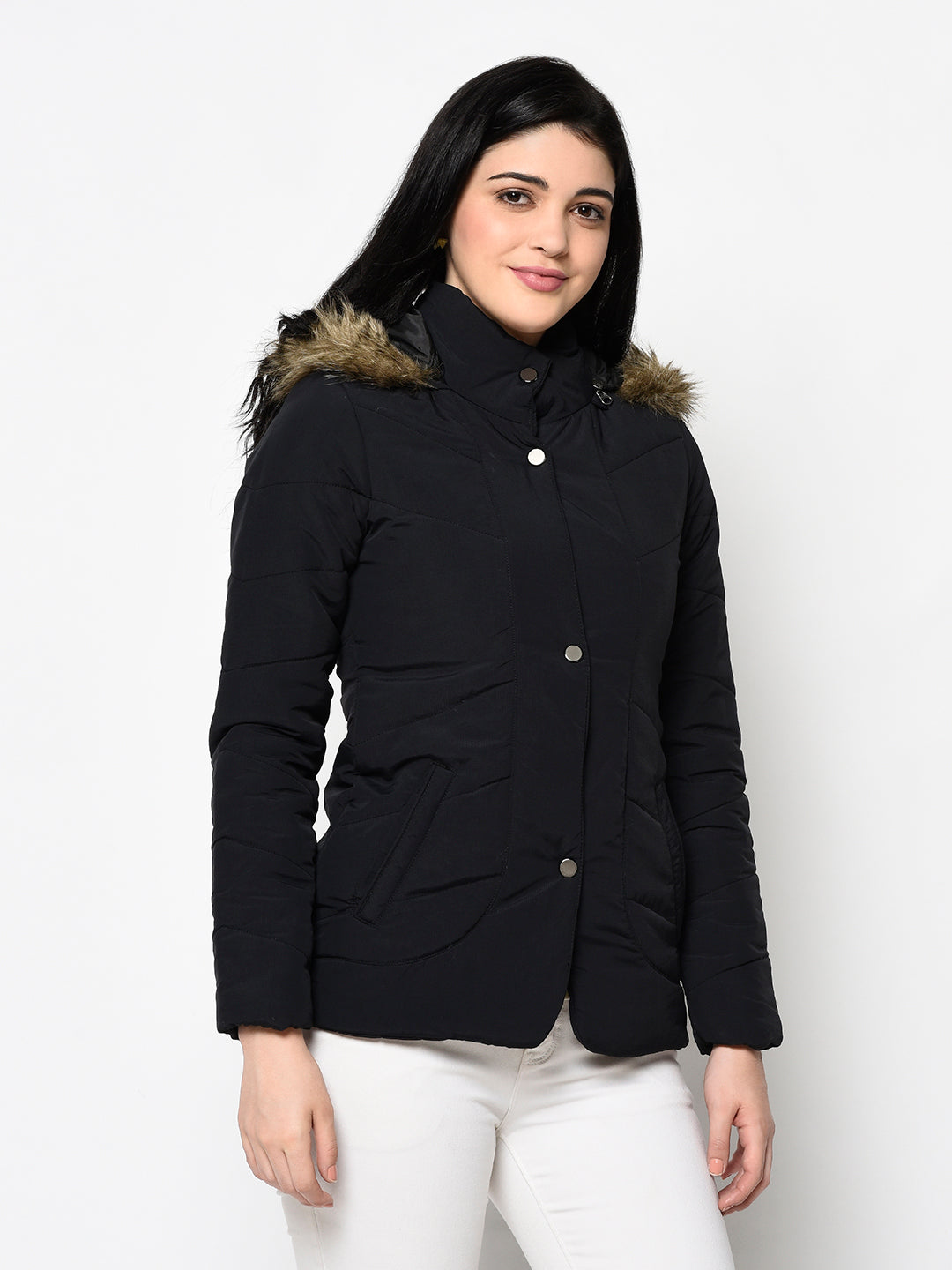Women's Polyester Quilted Jacket With Remvoable Hood