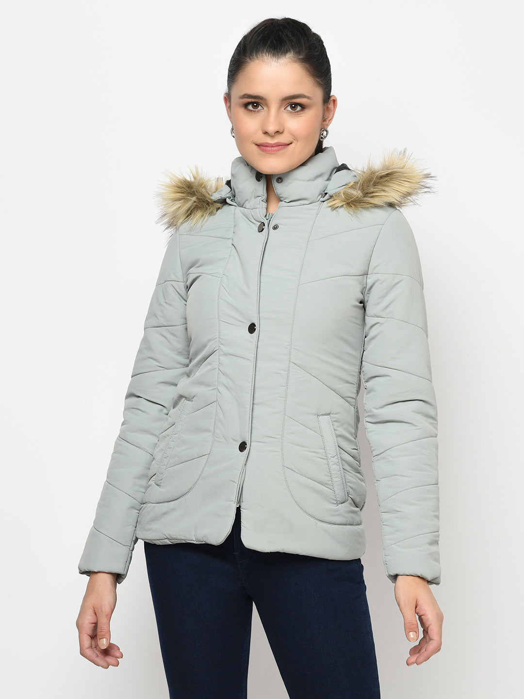 Women's Polyester Quilted Jacket With Remvoable Hood