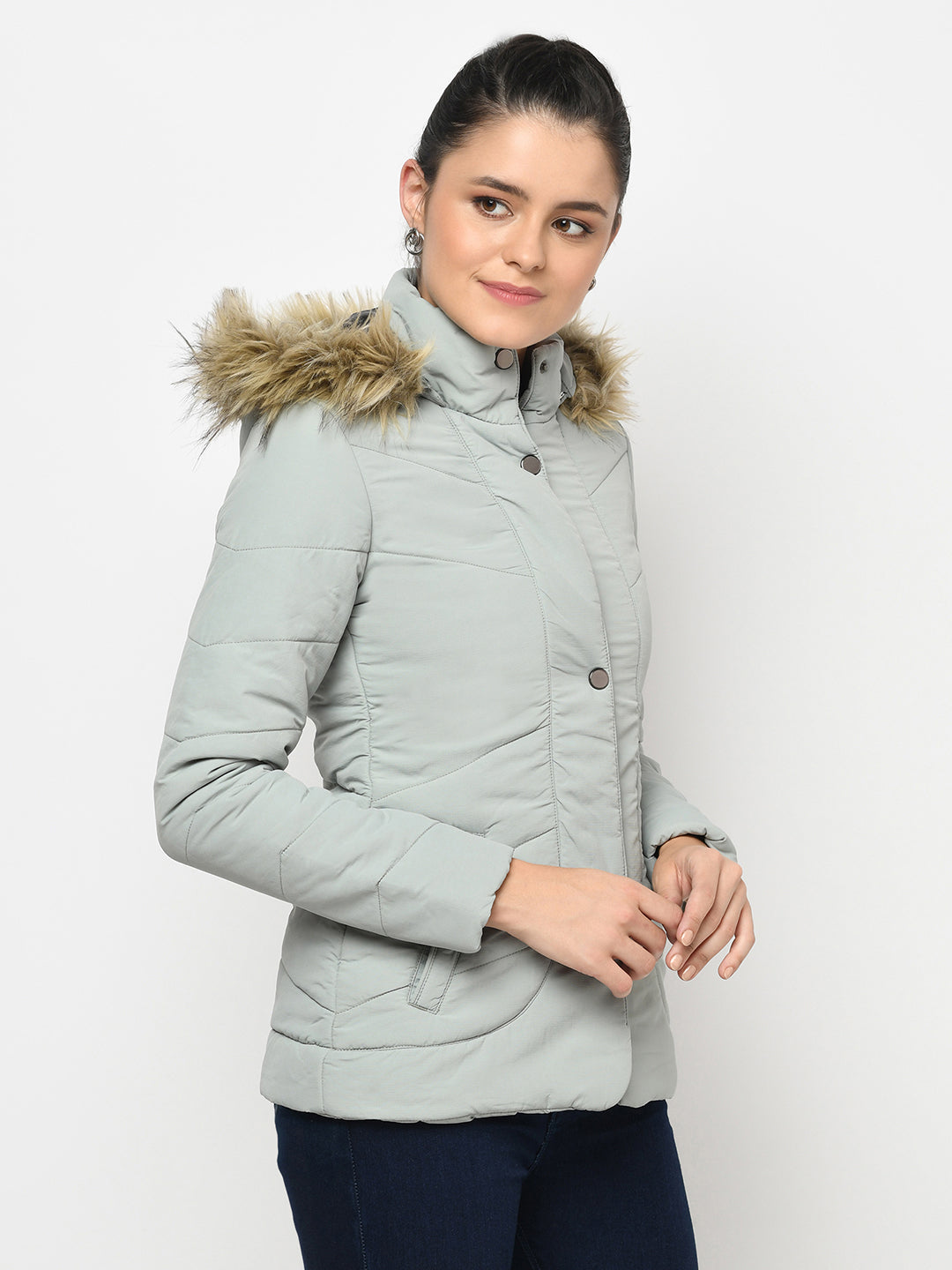 Women's Polyester Quilted Jacket With Remvoable Hood