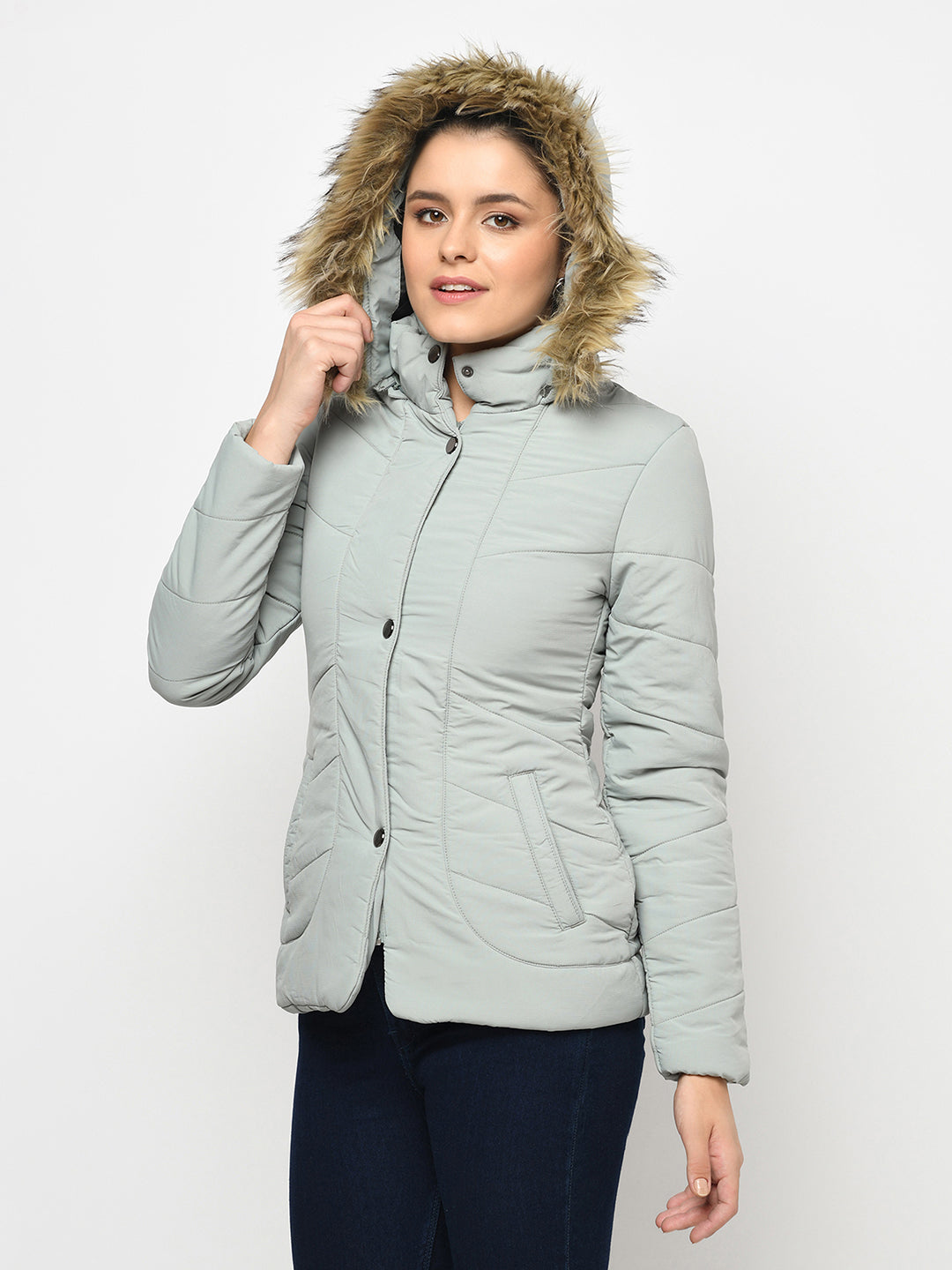 Women's Polyester Quilted Jacket With Remvoable Hood
