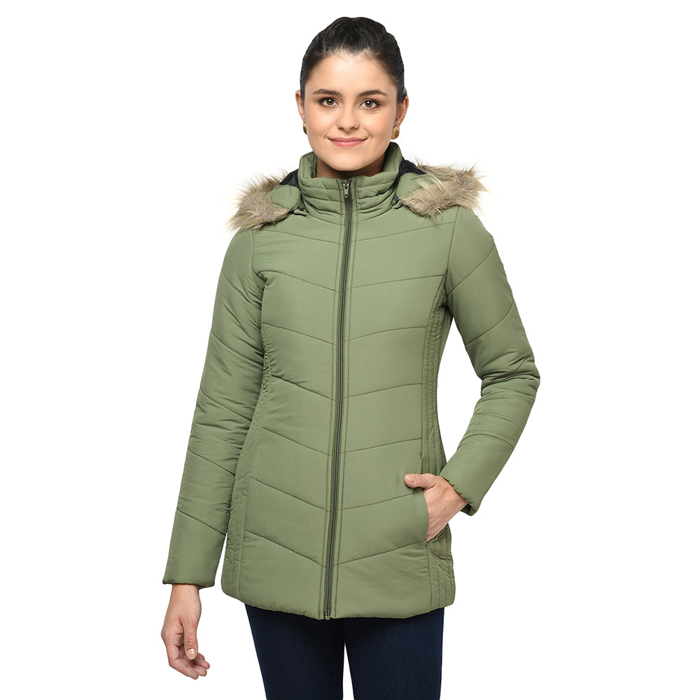 Women's Quilted Polyester Jacket With Removable Hood