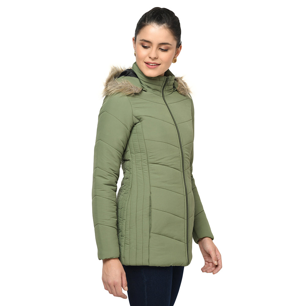 Women's Quilted Polyester Jacket With Removable Hood