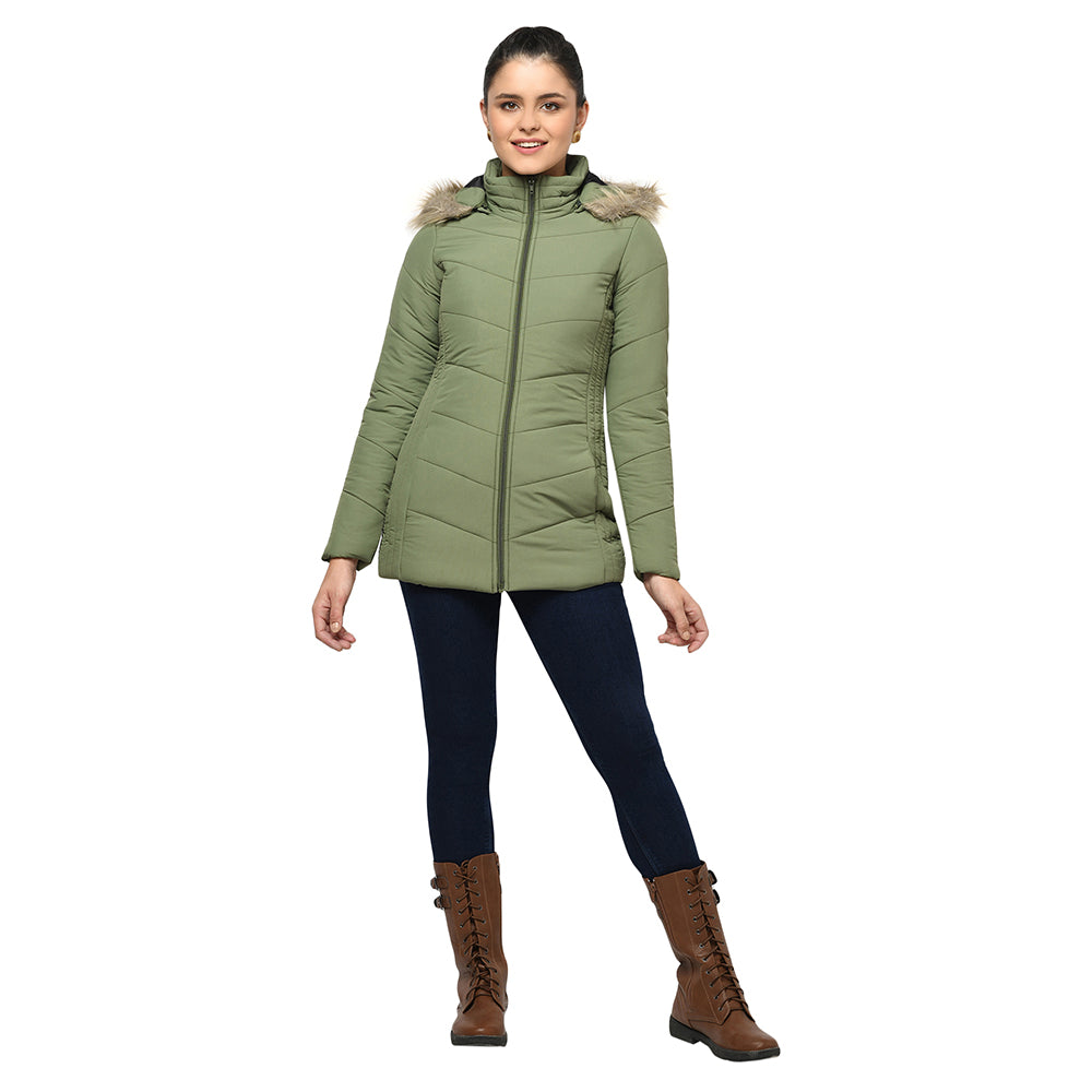 Women's Quilted Polyester Jacket With Removable Hood