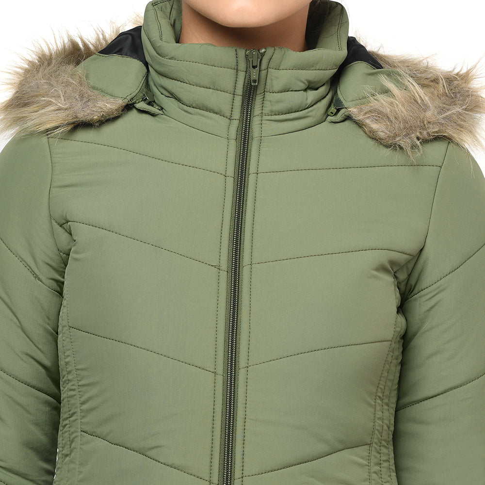 Women's Quilted Polyester Jacket With Removable Hood