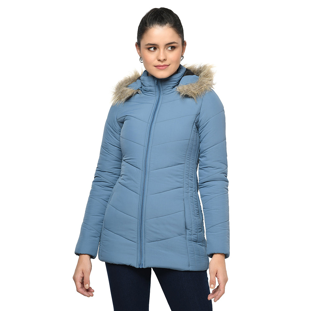 Women's Quilted Polyester Jacket With Removable Hood