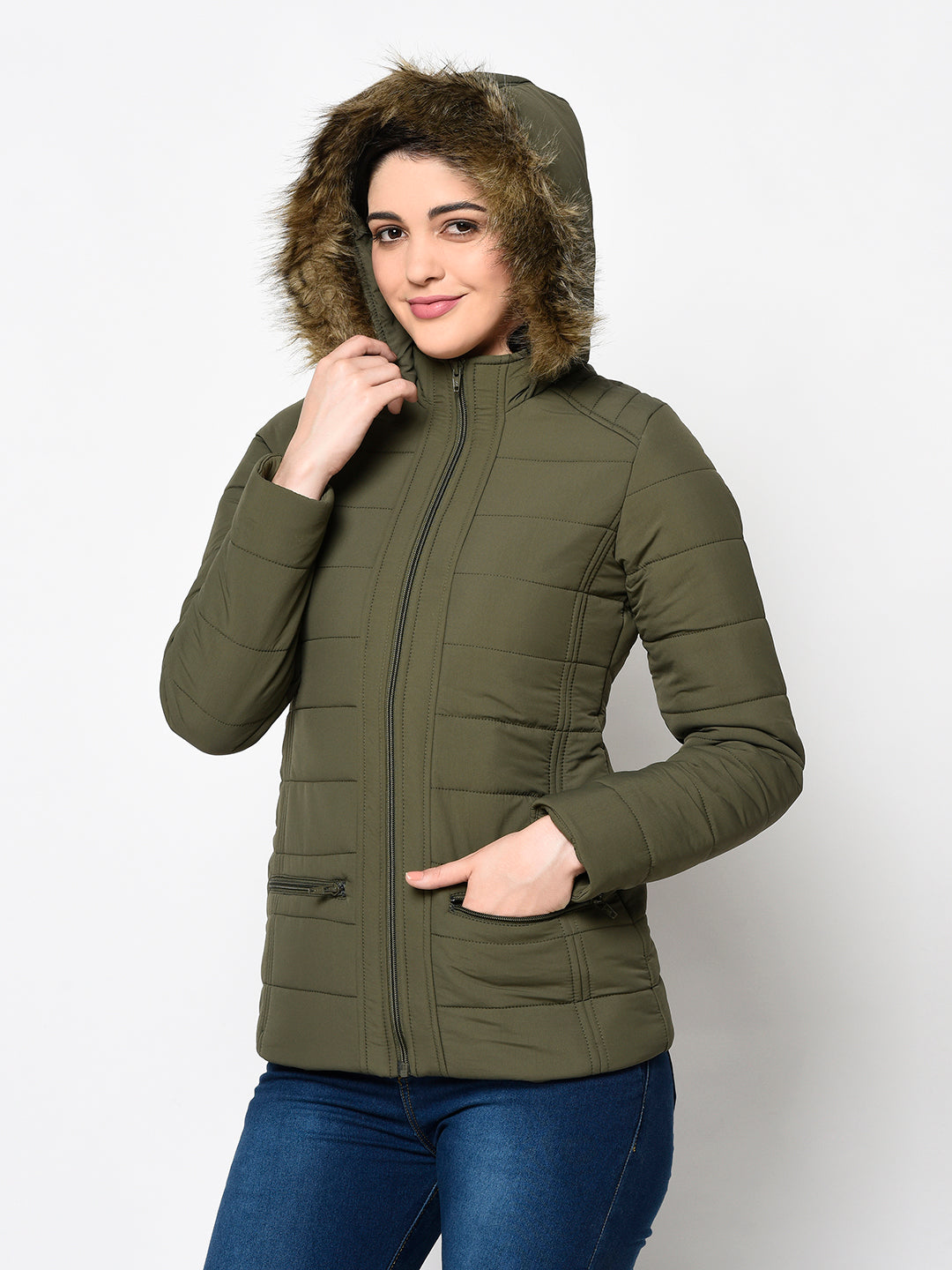 Women's Quilted Polyester Jacket with Hood