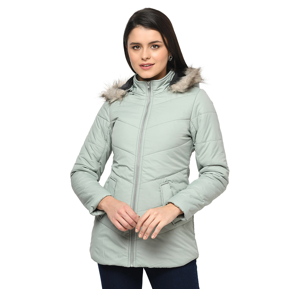 Women's Solid Quilted Jacket with Removable Hood