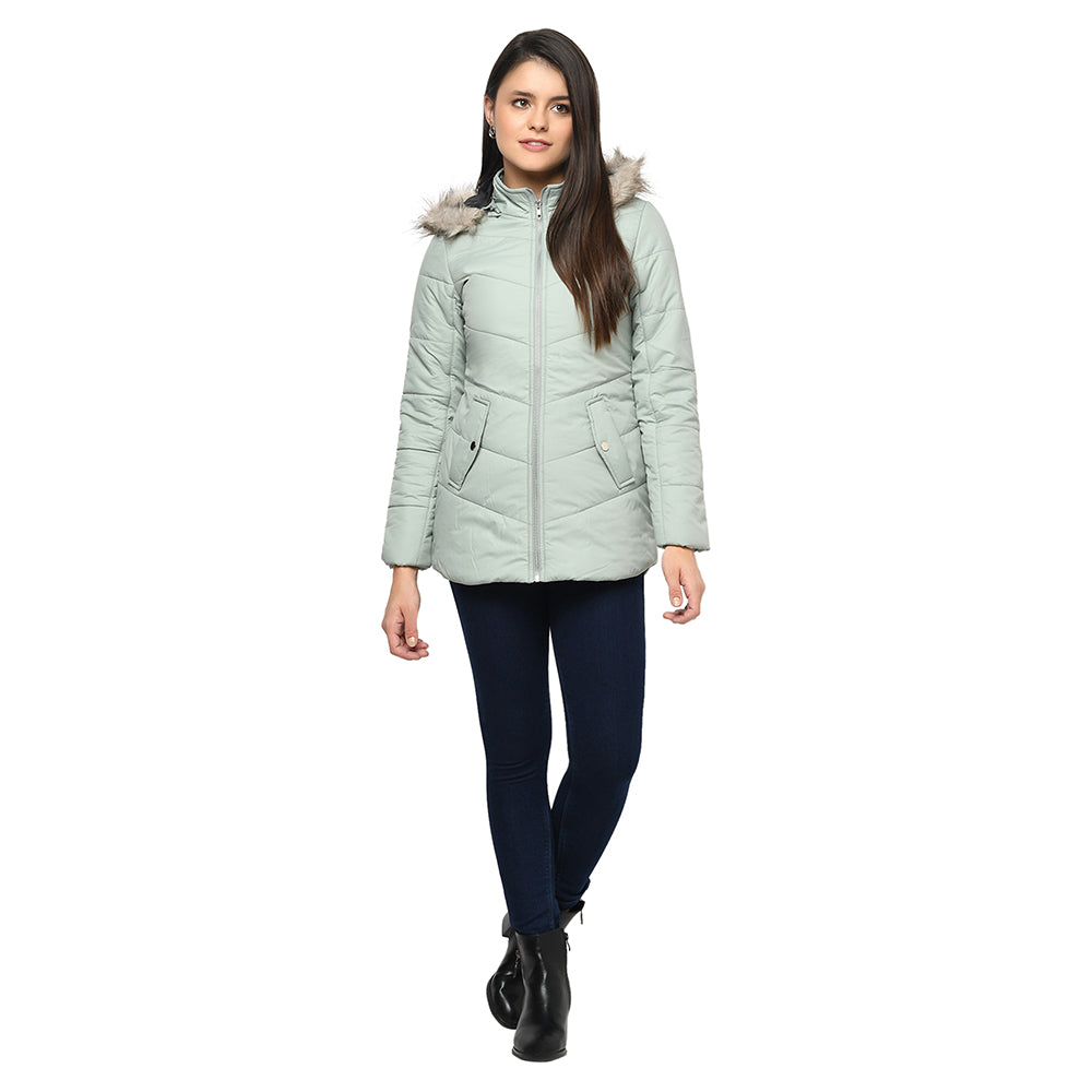 Women's Solid Quilted Jacket with Removable Hood