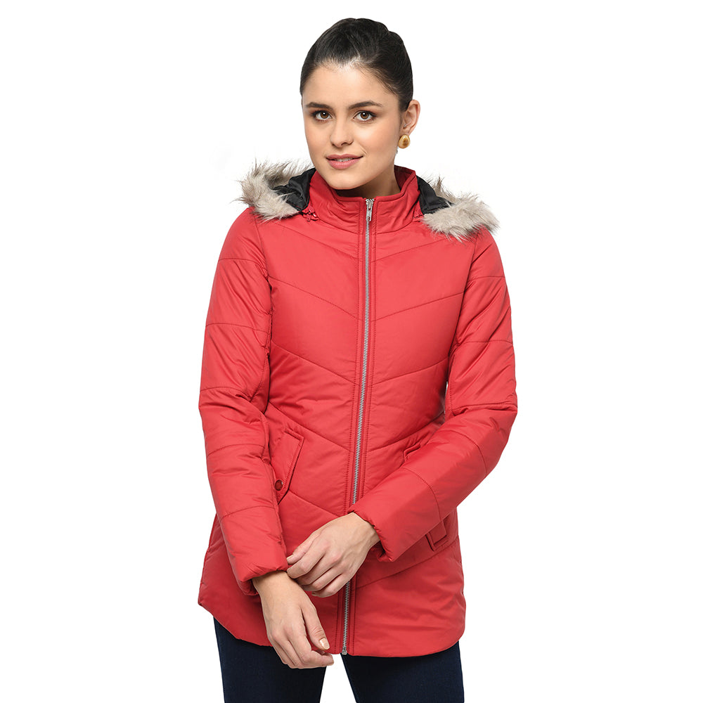 Women's Solid Quilted Jacket with Removable Hood