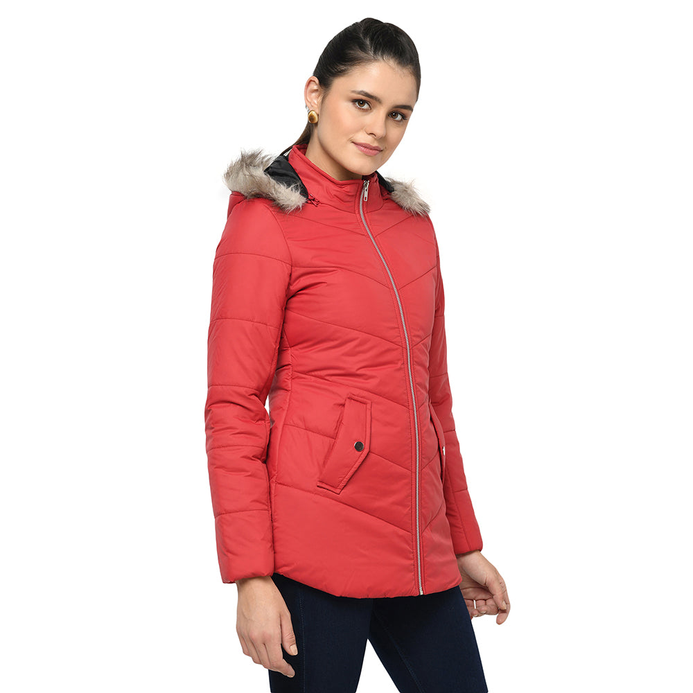 Women's Solid Quilted Jacket with Removable Hood