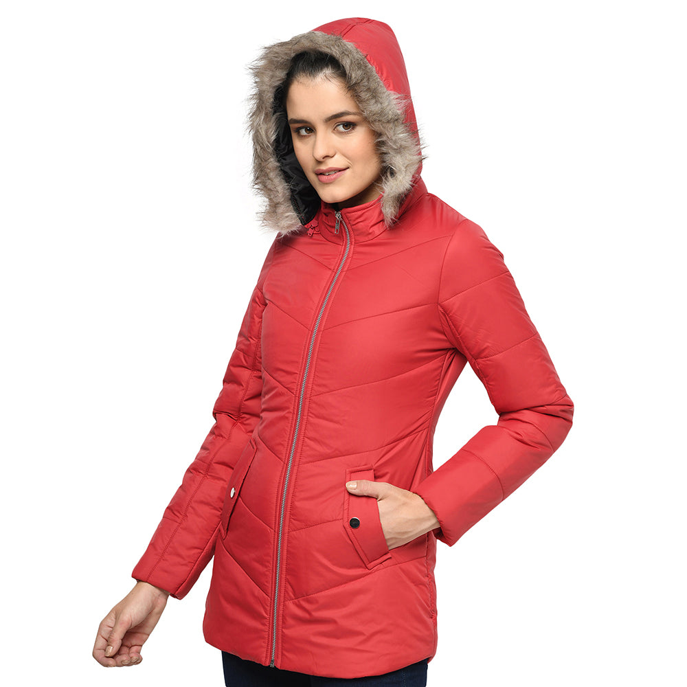 Women's Solid Quilted Jacket with Removable Hood
