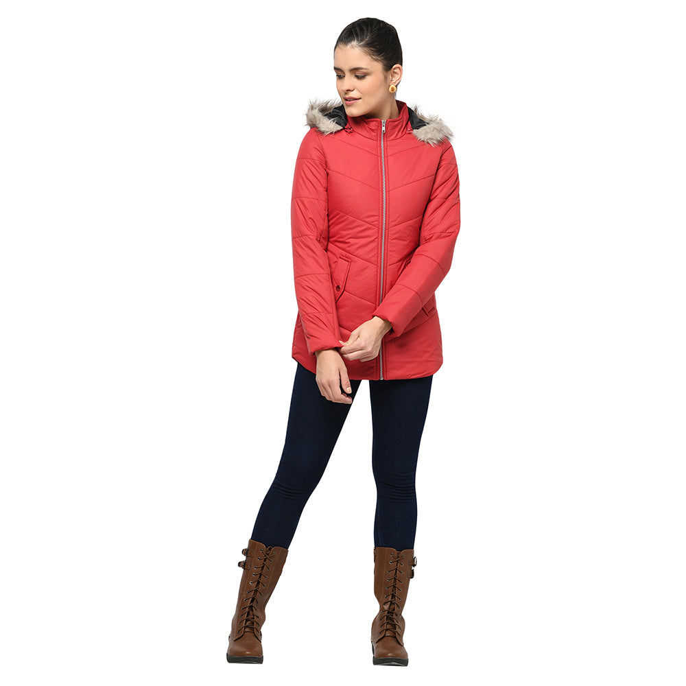 Women's Solid Quilted Jacket with Removable Hood
