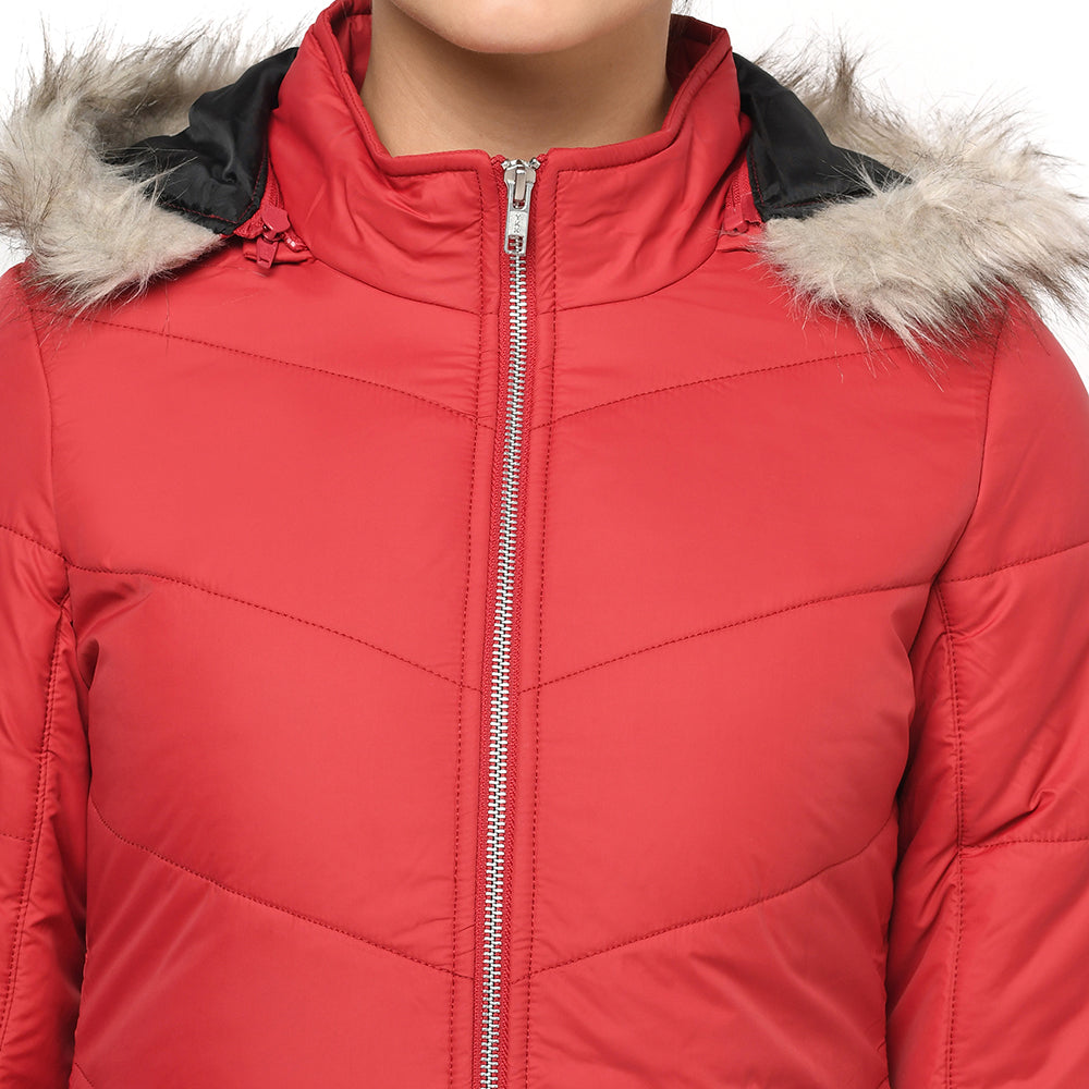 Women's Solid Quilted Jacket with Removable Hood