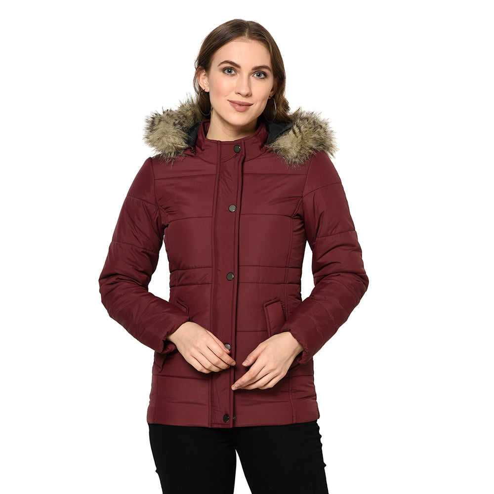 Women's Quilted Polyester Jacket with Removable Hood Faux Fur Trim