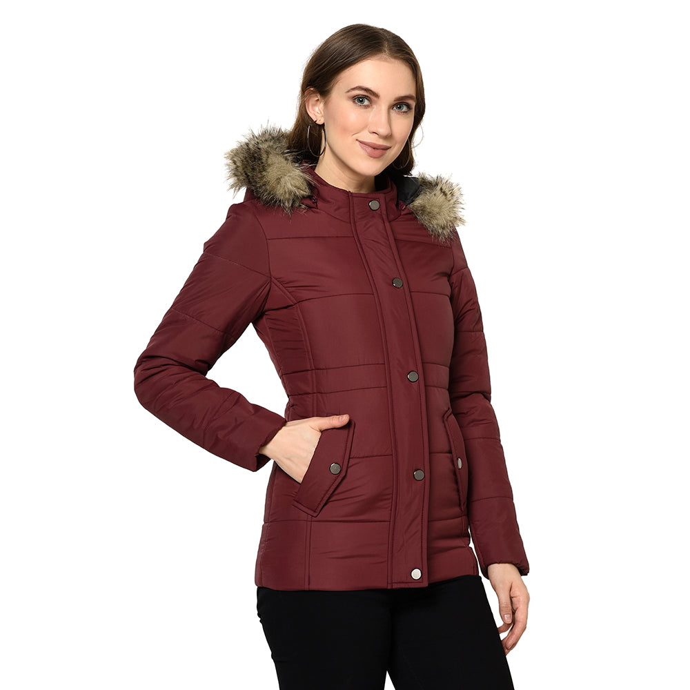 Women's Quilted Polyester Jacket with Removable Hood Faux Fur Trim