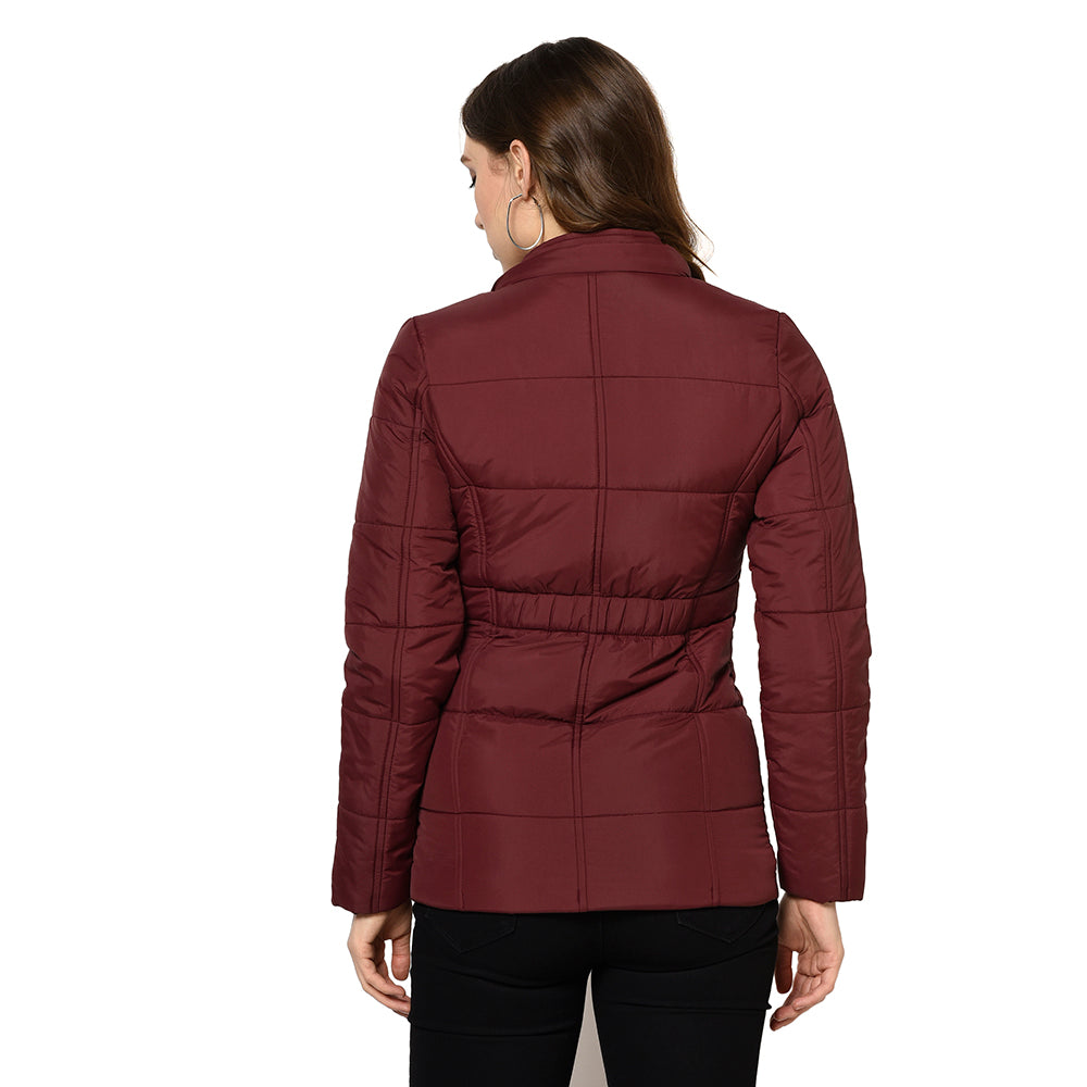 Women's Quilted Polyester Jacket with Removable Hood Faux Fur Trim