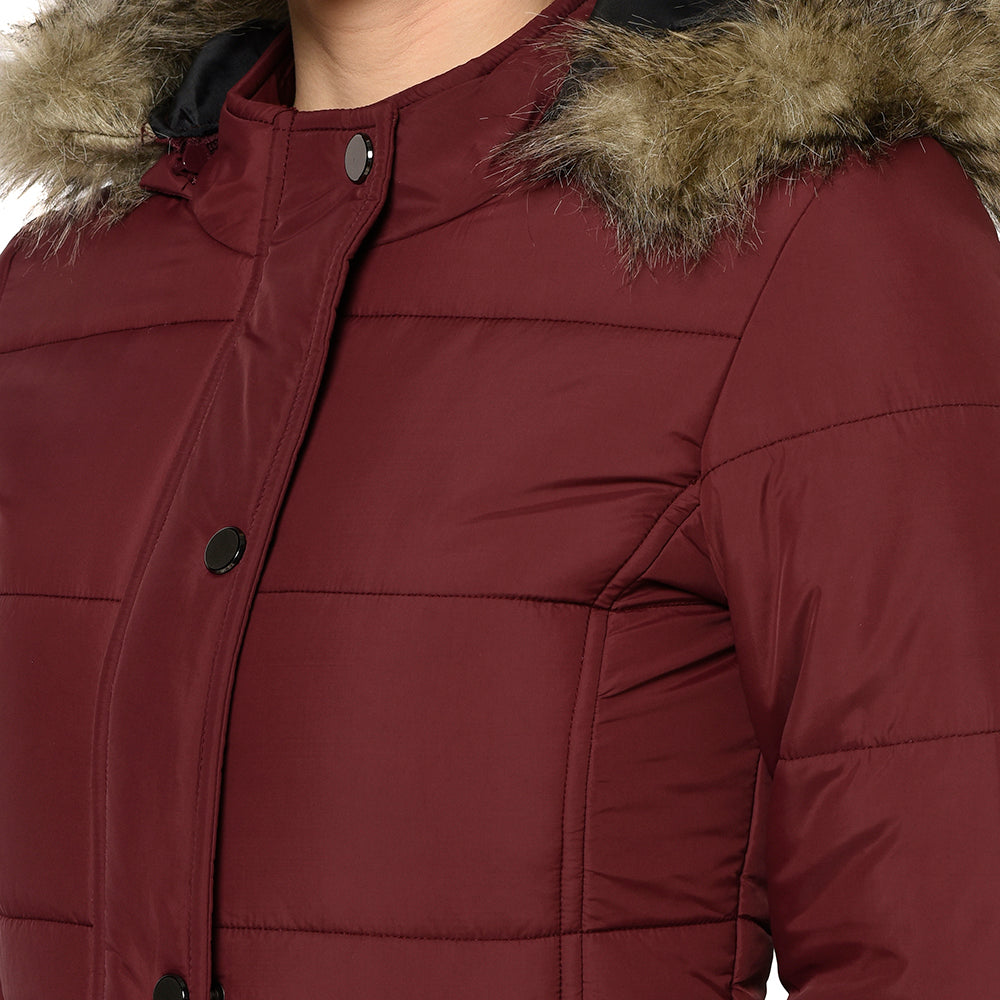 Women's Quilted Polyester Jacket with Removable Hood Faux Fur Trim