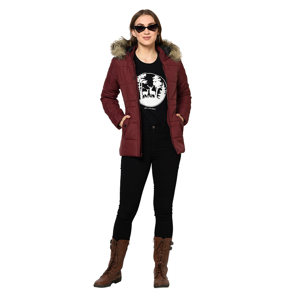 Women's Quilted Polyester Jacket with Removable Hood Faux Fur Trim
