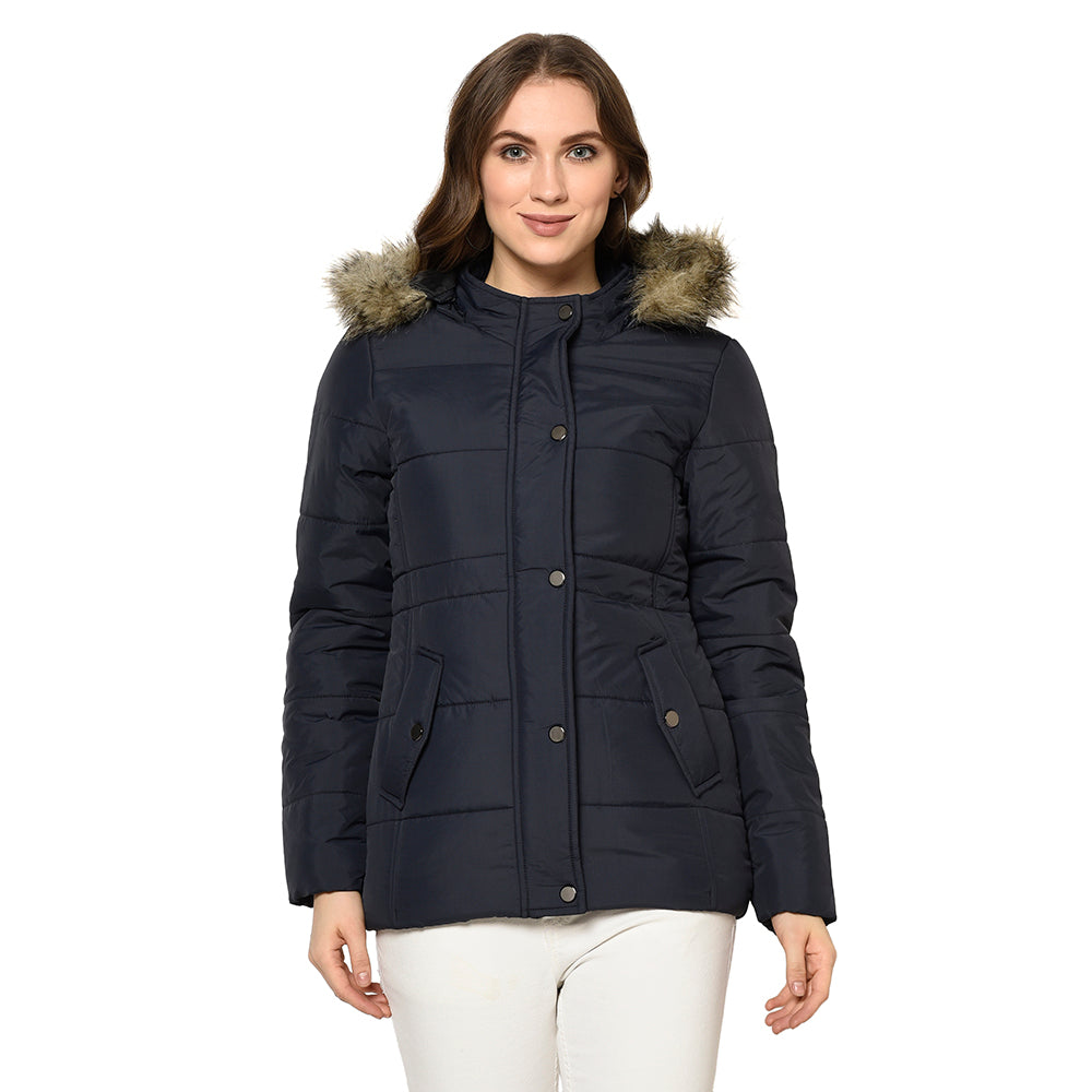 Women's Quilted Polyester Jacket with Removable Hood Faux Fur Trim