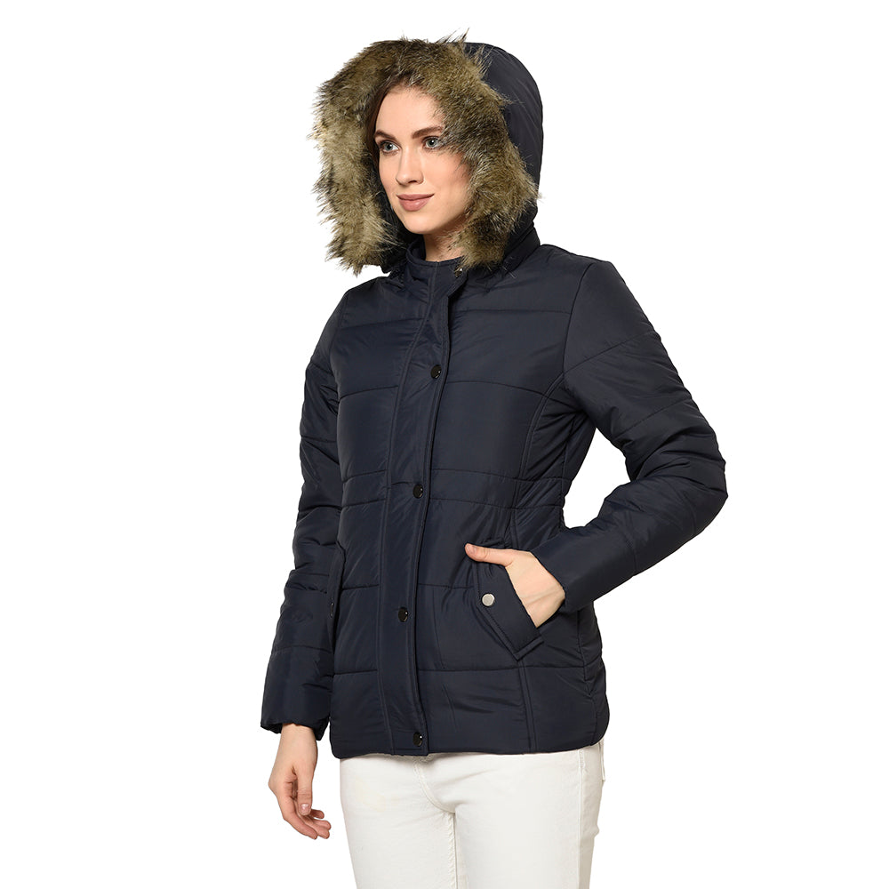 Women's Quilted Polyester Jacket with Removable Hood Faux Fur Trim