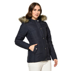 Women's Quilted Polyester Jacket with Removable Hood Faux Fur Trim