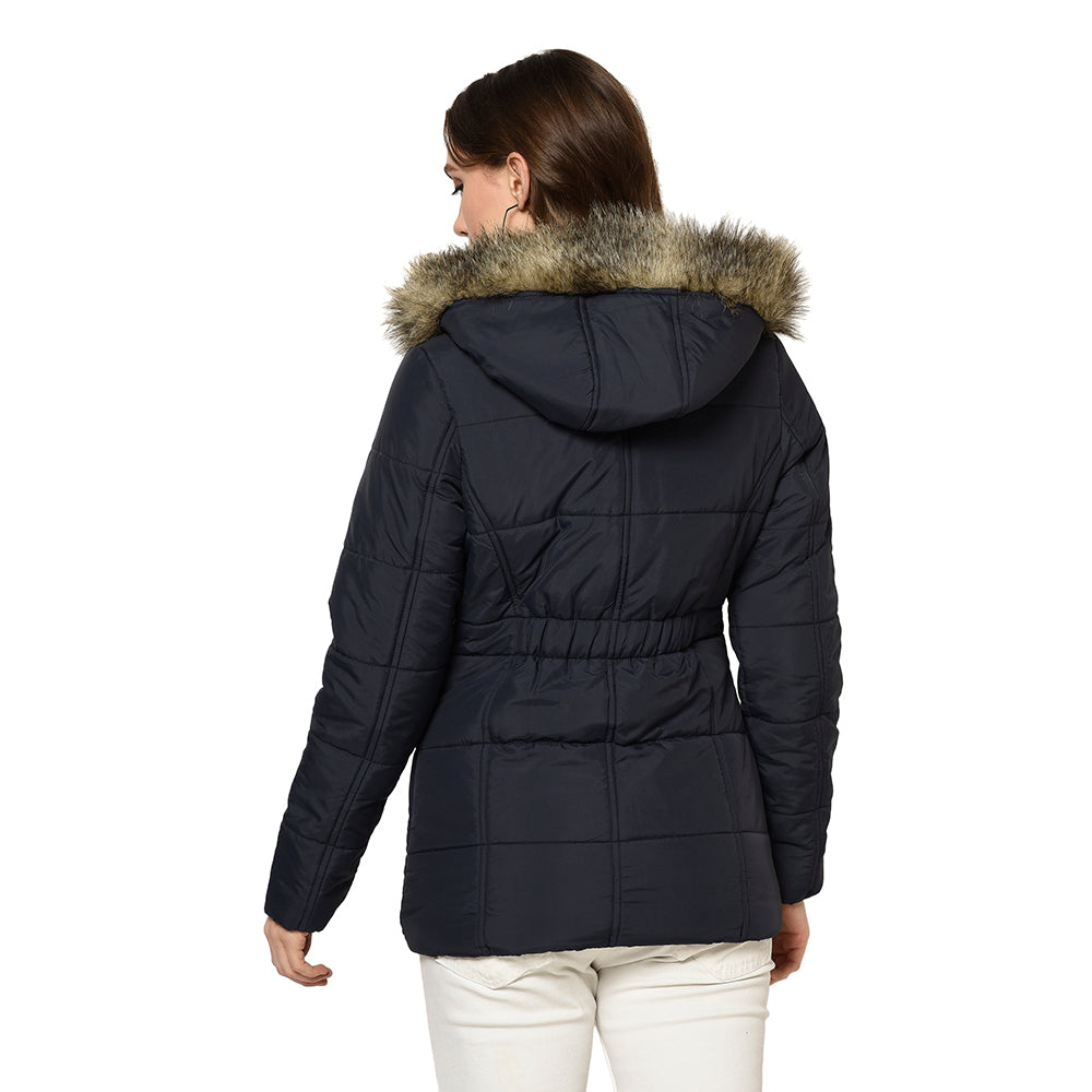 Women's Quilted Polyester Jacket with Removable Hood Faux Fur Trim