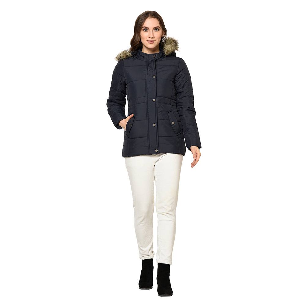 Women's Quilted Polyester Jacket with Removable Hood Faux Fur Trim