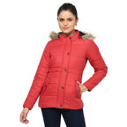 Women's Quilted Polyester Jacket with Removable Hood Faux Fur Trim