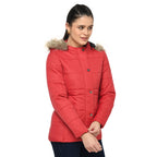 Women's Quilted Polyester Jacket with Removable Hood Faux Fur Trim