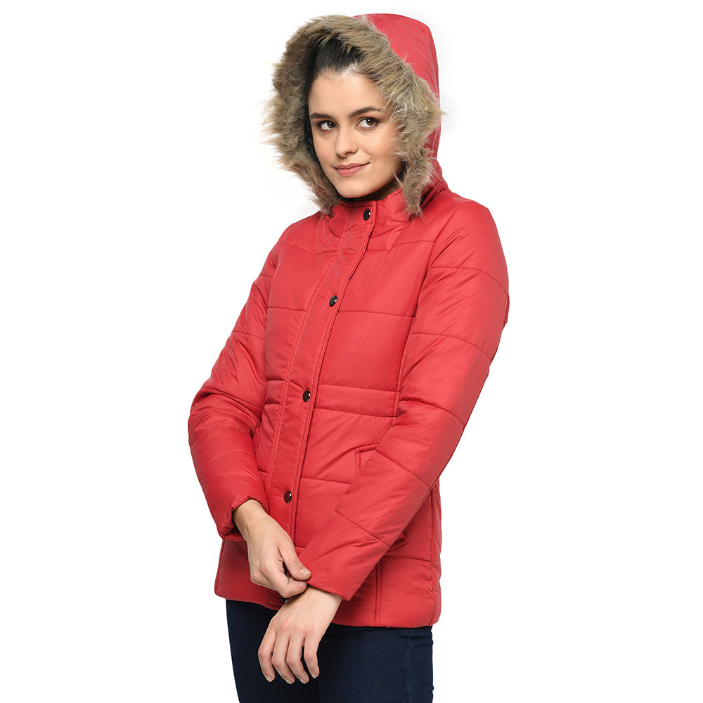Women's Quilted Polyester Jacket with Removable Hood Faux Fur Trim