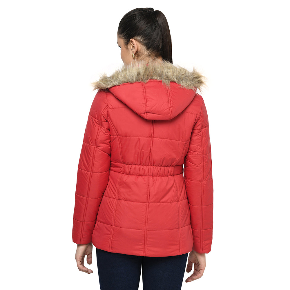 Women's Quilted Polyester Jacket with Removable Hood Faux Fur Trim