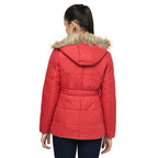 Women's Quilted Polyester Jacket with Removable Hood Faux Fur Trim