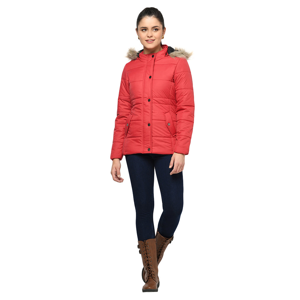 Women's Quilted Polyester Jacket with Removable Hood Faux Fur Trim