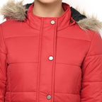 Women's Quilted Polyester Jacket with Removable Hood Faux Fur Trim
