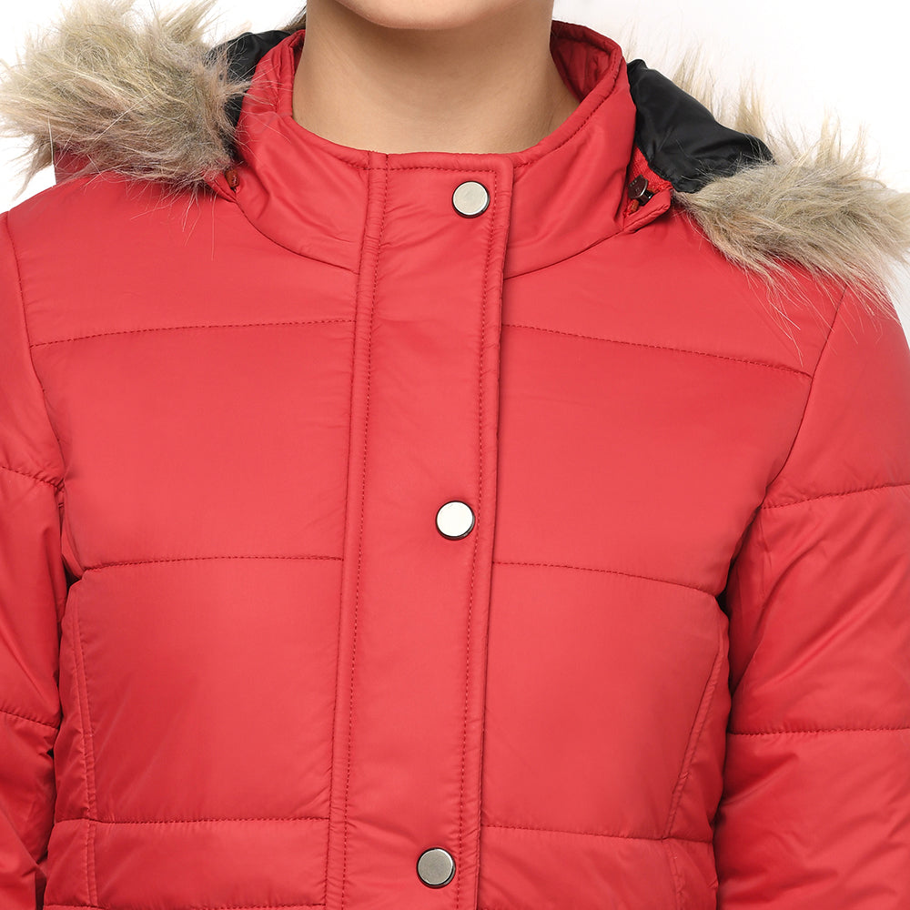 Women's Quilted Polyester Jacket with Removable Hood Faux Fur Trim