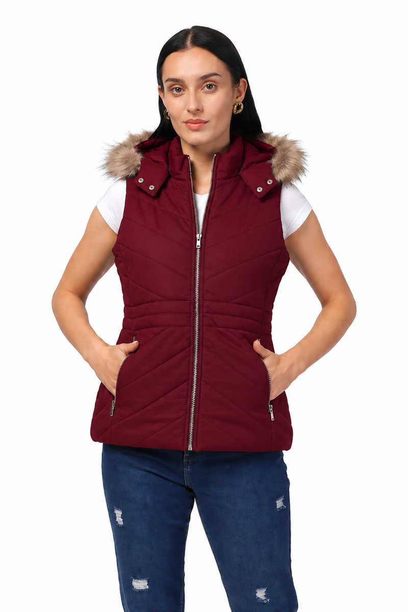 Women's Quilted Sleeveless Jacket with Removable Hood