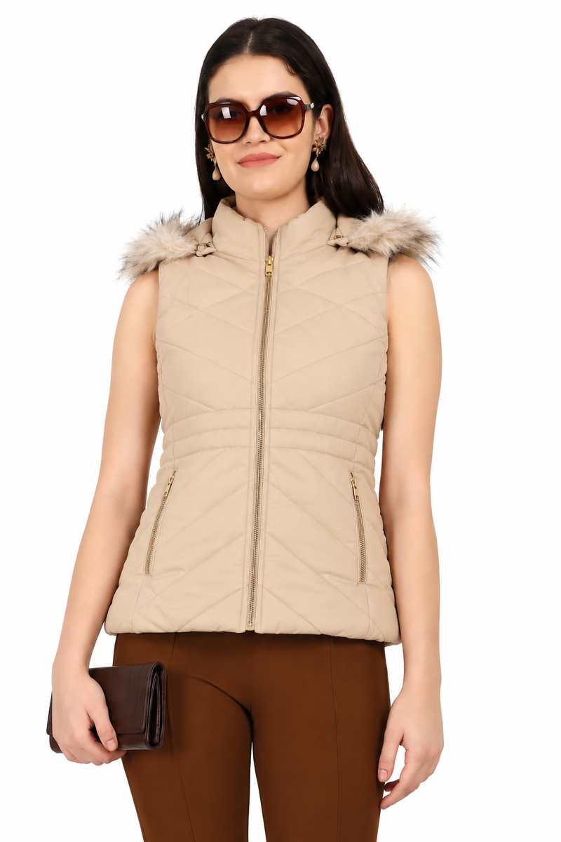 Quilted Sleeveless Jacket With Removable Hood