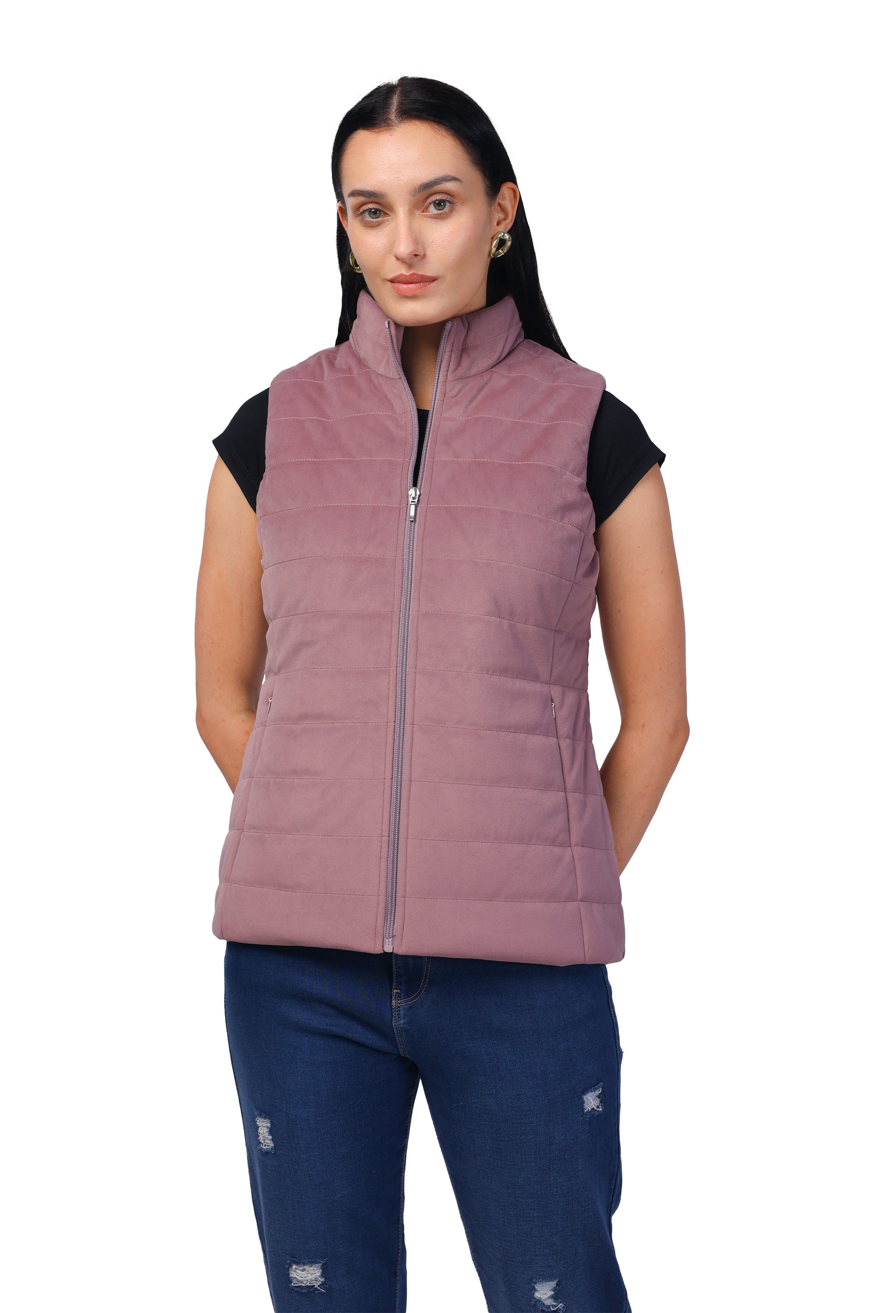 Quilted Sleeveless Jacket in Velvet Fabric