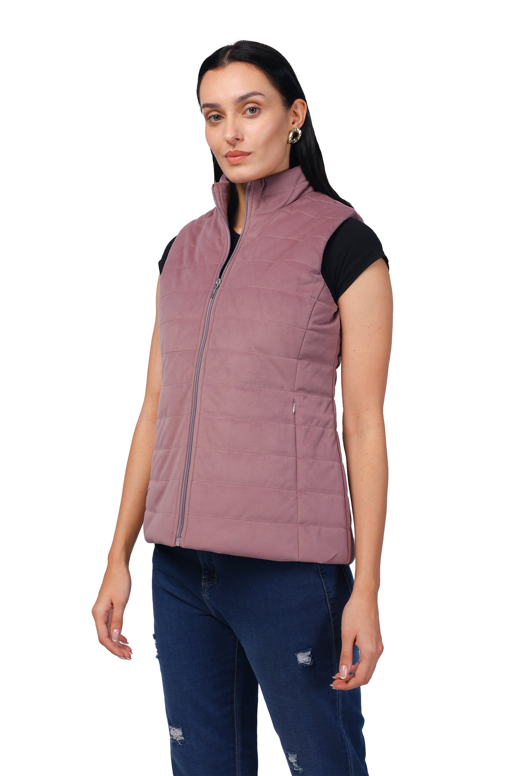 Quilted Sleeveless Jacket in Velvet Fabric