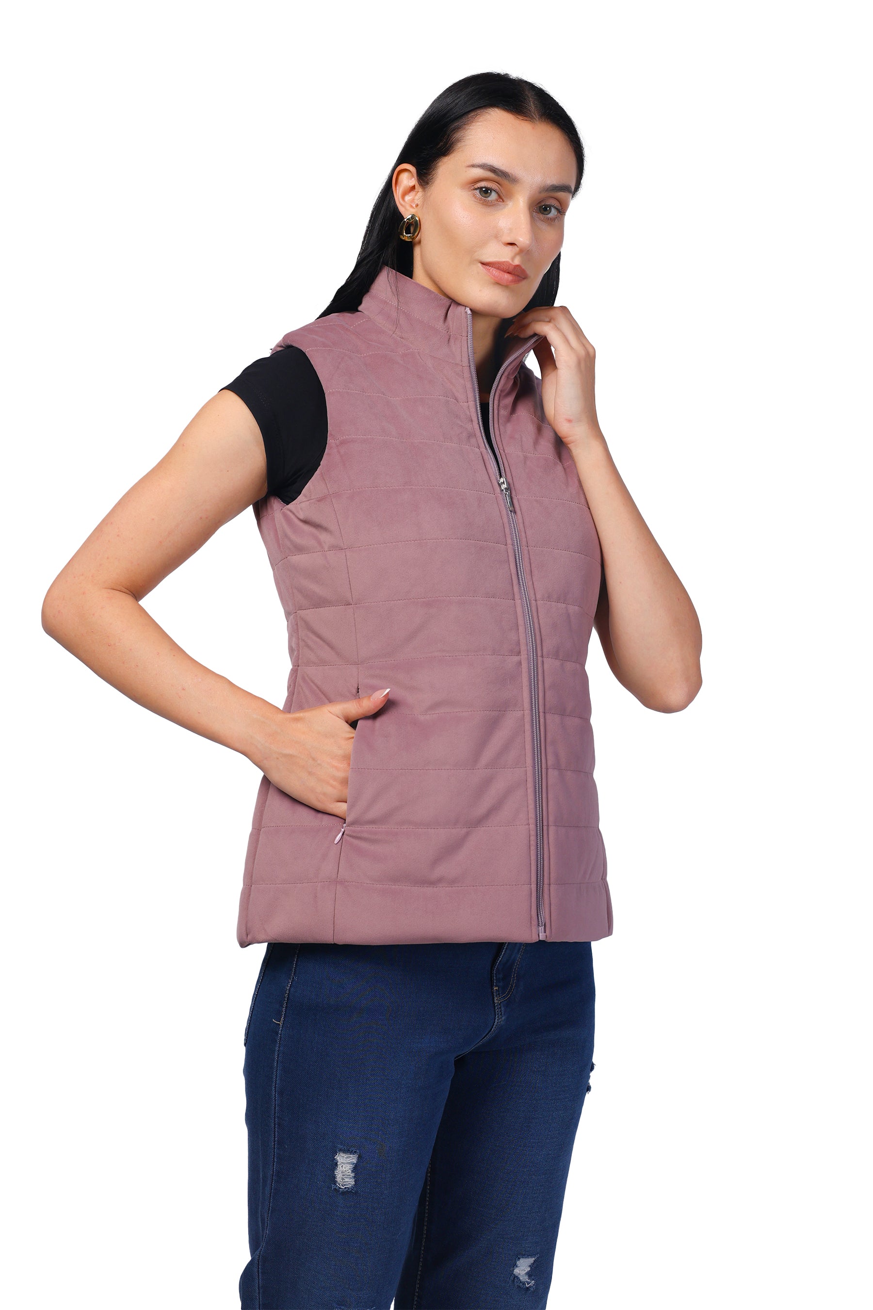Quilted Sleeveless Jacket in Velvet Fabric