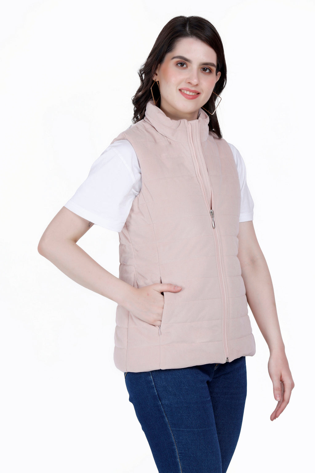 Quilted Sleeveless Jacket in Velvet Fabric