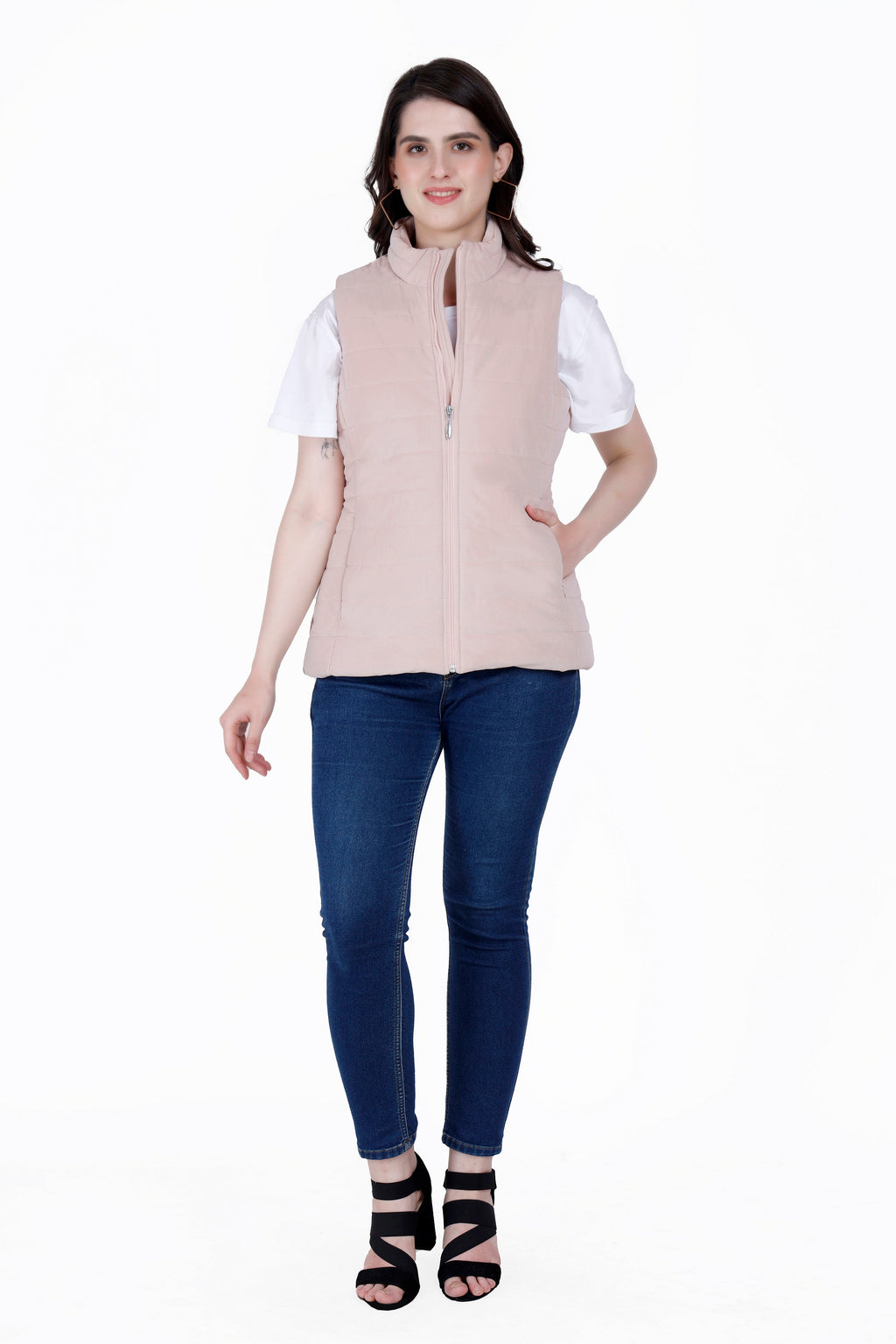 Quilted Sleeveless Jacket in Velvet Fabric