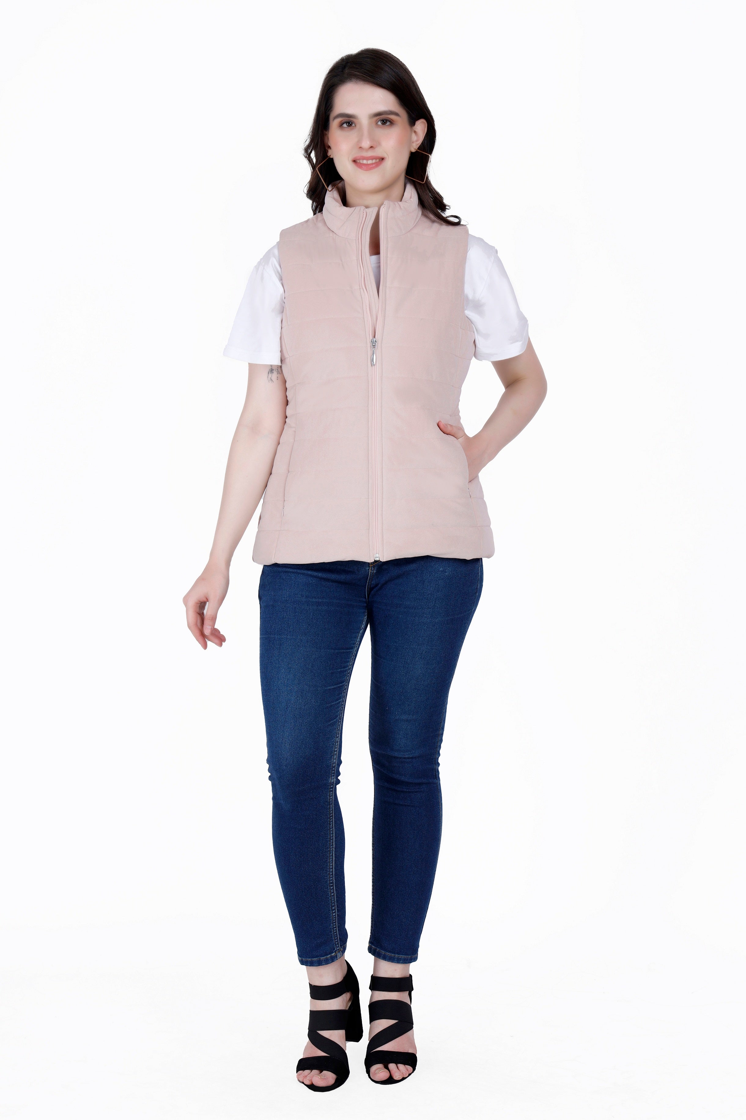 Quilted Sleeveless Jacket in Velvet Fabric