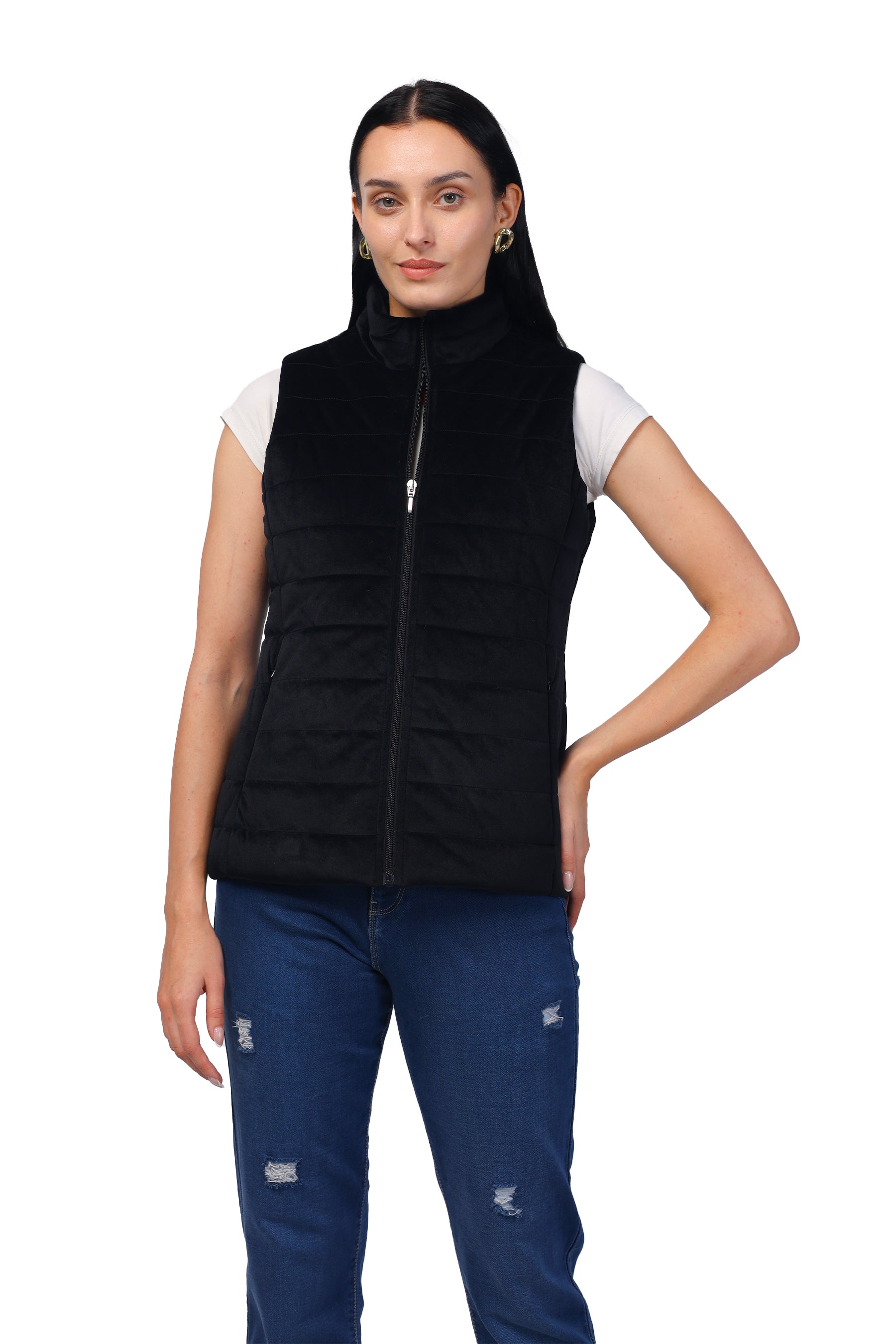 Quilted Sleeveless Jacket in Velvet Fabric