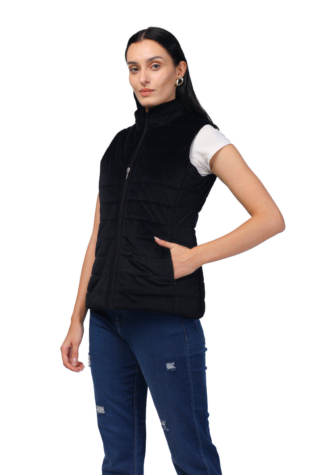Quilted Sleeveless Jacket in Velvet Fabric