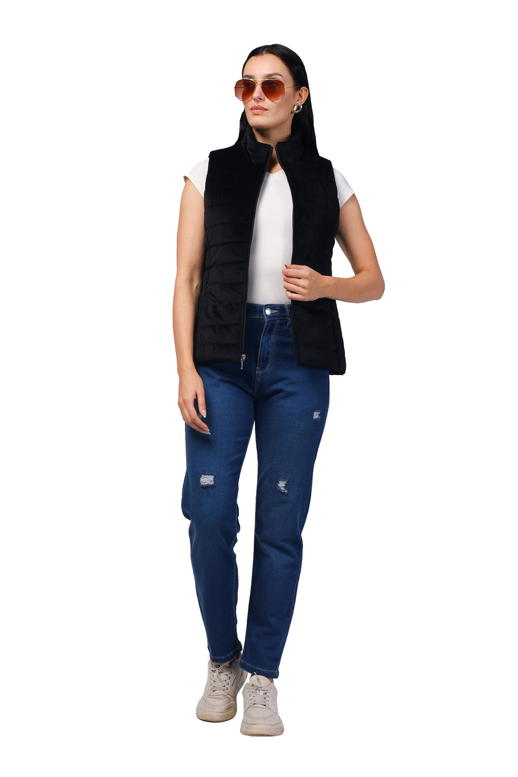 Quilted Sleeveless Jacket in Velvet Fabric