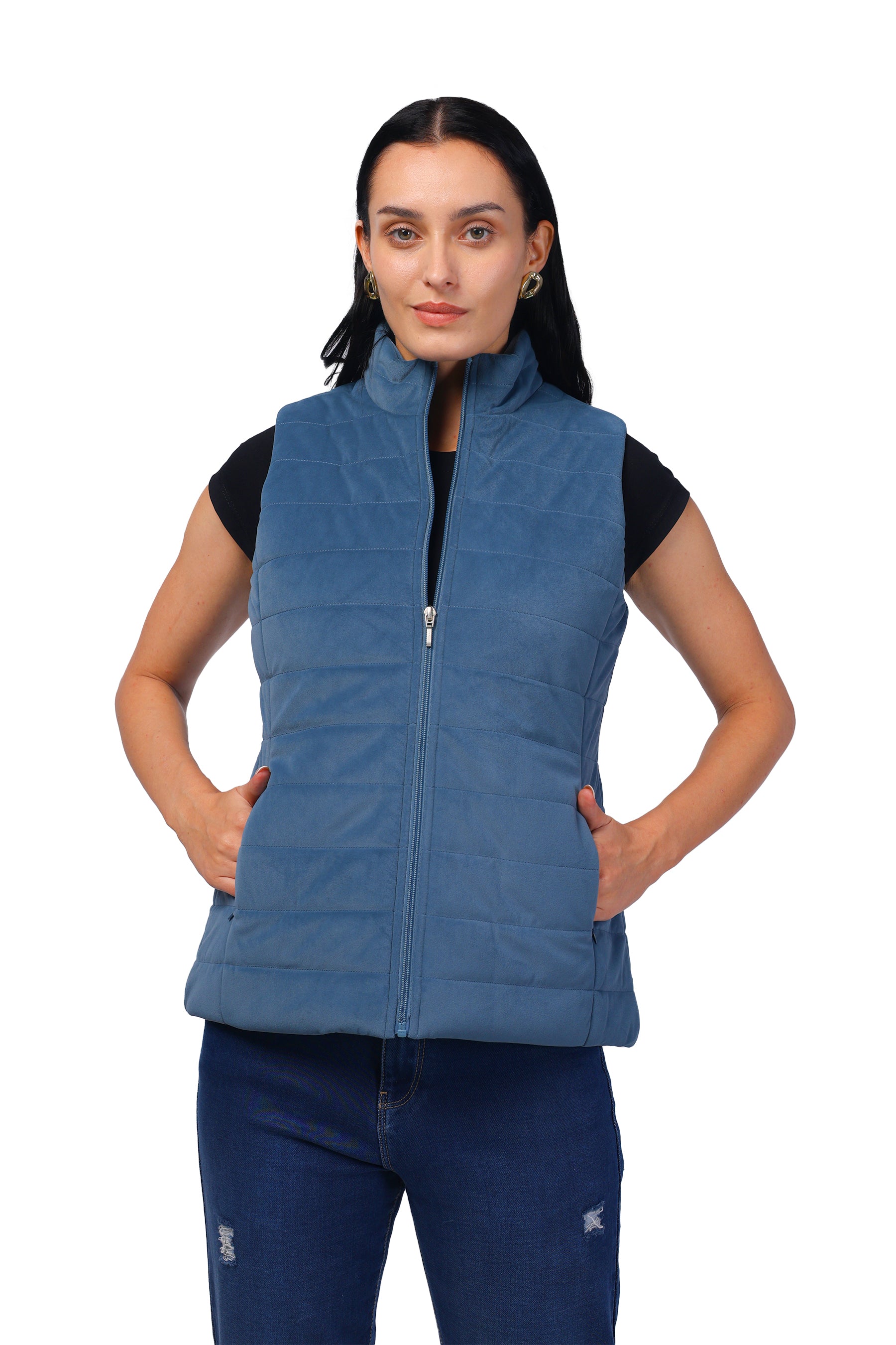 Quilted Sleeveless Jacket in Velvet Fabric