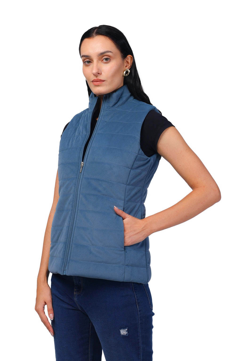 Quilted Sleeveless Jacket in Velvet Fabric