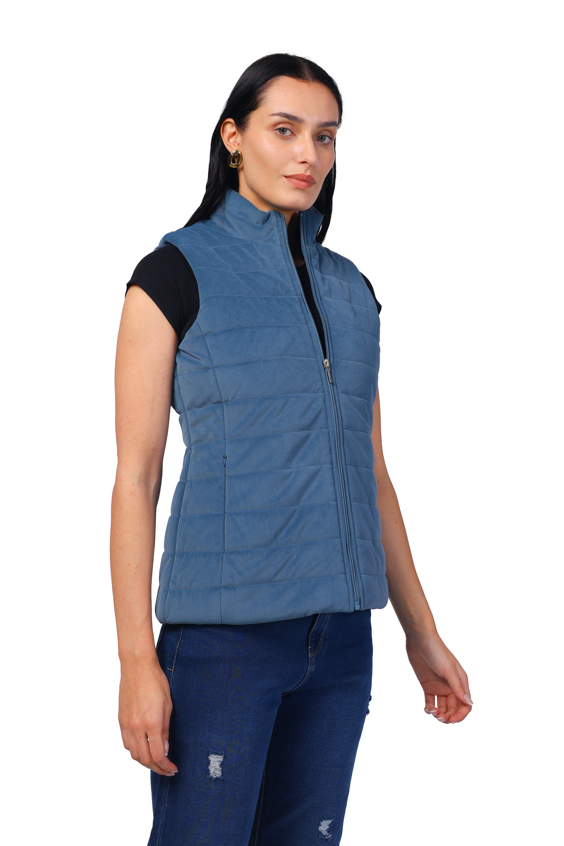 Quilted Sleeveless Jacket in Velvet Fabric