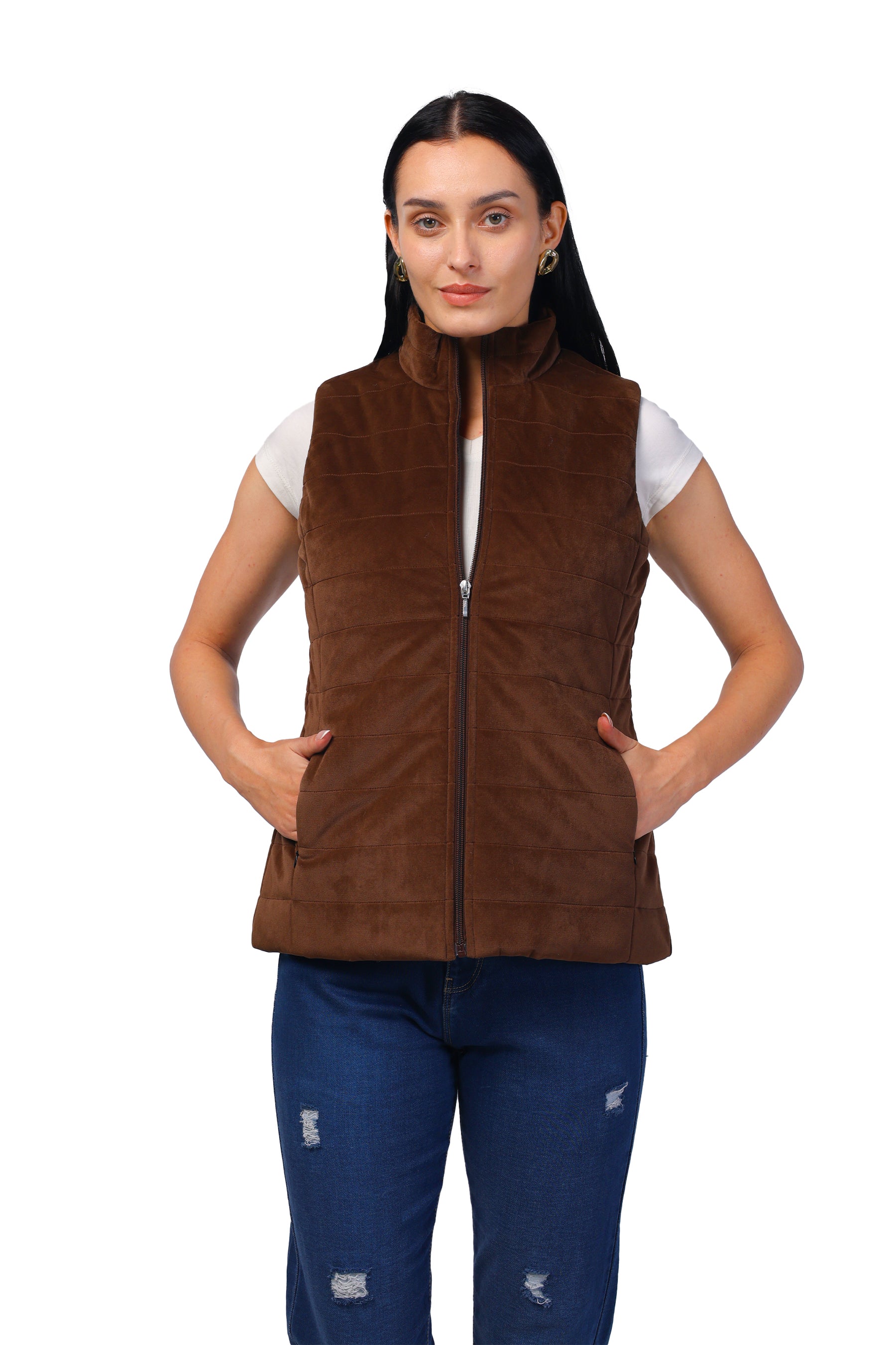 Quilted Sleeveless Jacket in Velvet Fabric